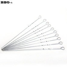 Nowy 10 sztuk 45cm (15.7w) metalowe patyczki robić szaszłyków w/pierścień otwór długie szaszłyki z grilla Shish Kebob BBQ kije espeto churrasco na wolnym powietrzu