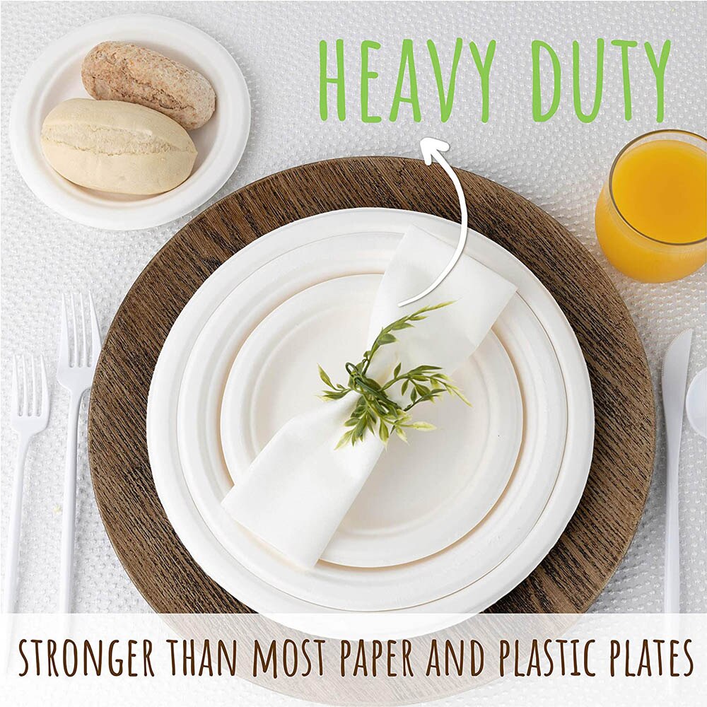50 Disposable Plates Paper Heavy-Duty Tableware Compostable Plates Natural Sugarcane Bag-Like Fibers are 100% Biodegradable