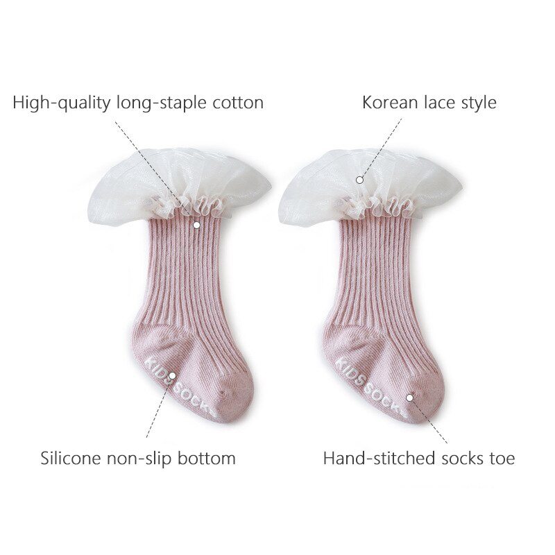 Newborn Baby Socks Infant Kids Knee High Ruffle Girls Sock Toddler Anti Slip Cotton Infant Long Frilly Lace Socks for 0-3Years