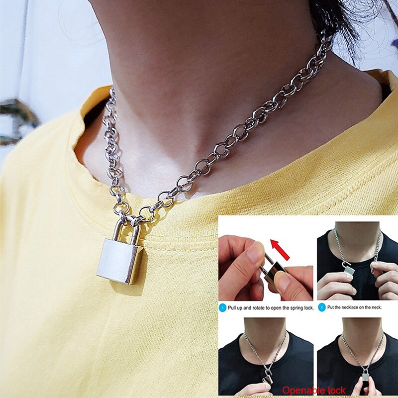 1pc punk schakelketting met hangslot en openklapbare hanger, trendy sieraden voor dames