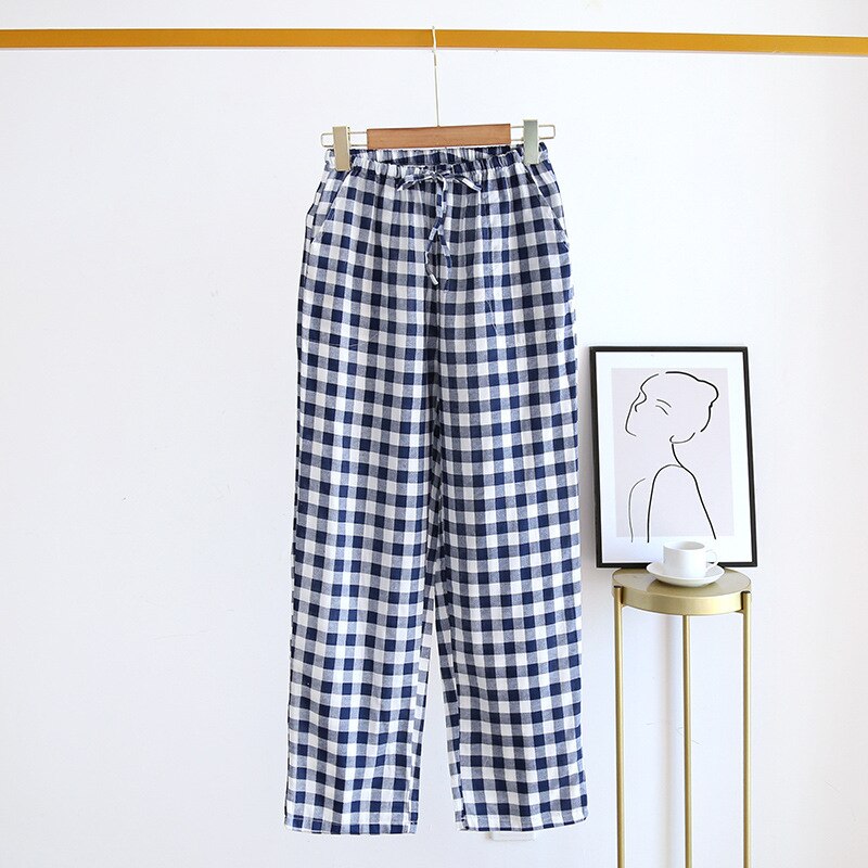 Pyjama en coton à carreaux pour femmes, pantalon ample, taille élastique, décontracté, simple, confortable, doux, pour la maison, printemps, 2022: Navy / L
