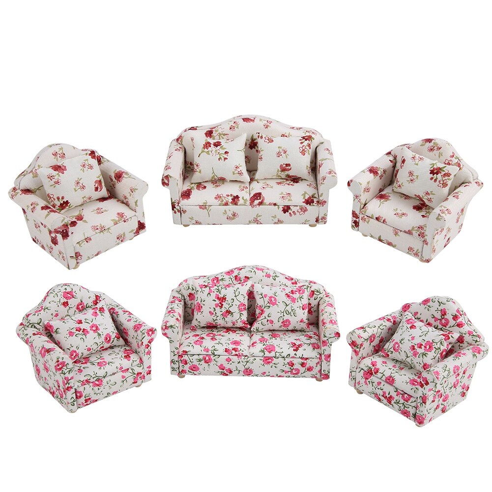 3pcs 1:12 Mini Doll House Cloth Sofa Cushion Set Dollhouse Furniture Dolls Room Decor Plaid Sofa Kids Children Play House Toy