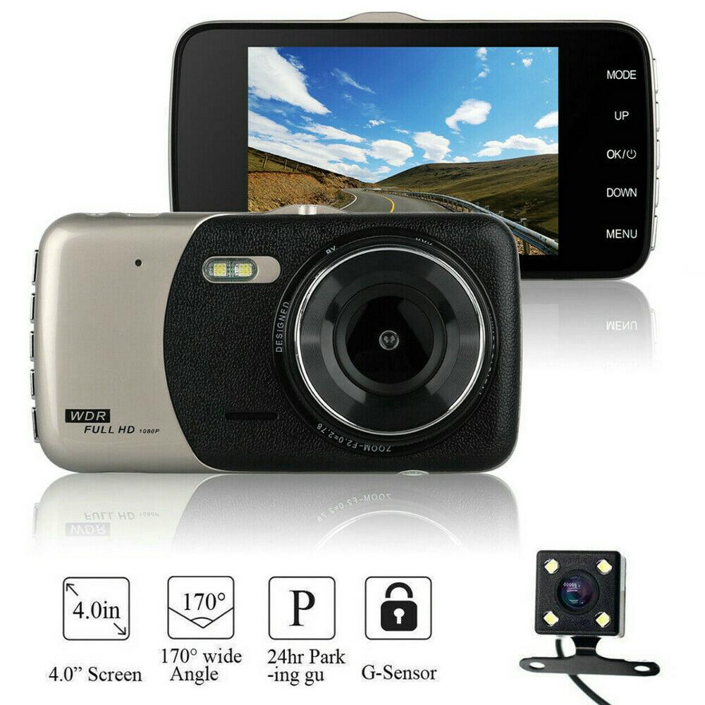 Ausek 4 ''  hd 1080p dash cam recorder dual lens kamera bil dvr køretøj video nattesyn g-sensor 170 graders vidvinkel dashcam