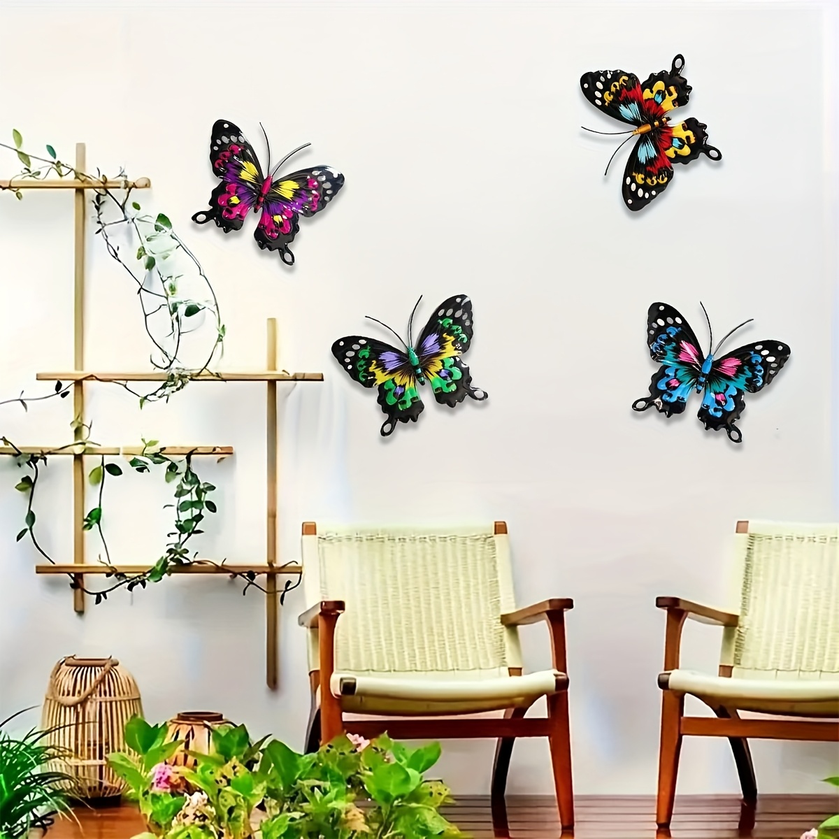 4-pack kleurrijke metalen vlinder kunst aan de muur - ijzeren slinger decor voor tuin, yar balkon buiten hek kunst decoratie ideaal cadeau