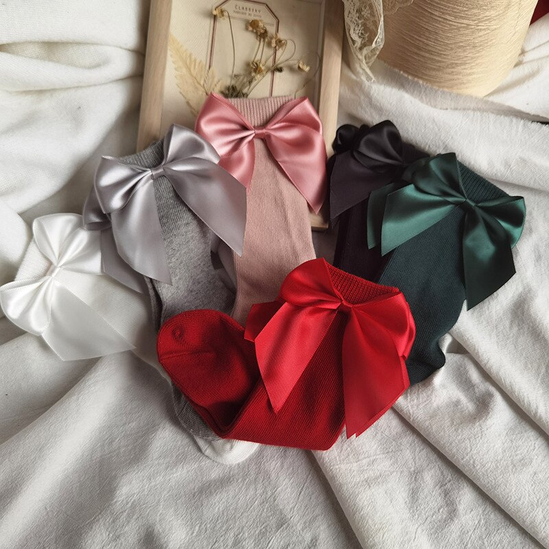 Big Bows Baby Socks Solid Color Spring Summer Kids Girl Knee Socks Soft Cotton Infant Toddler Long Socks