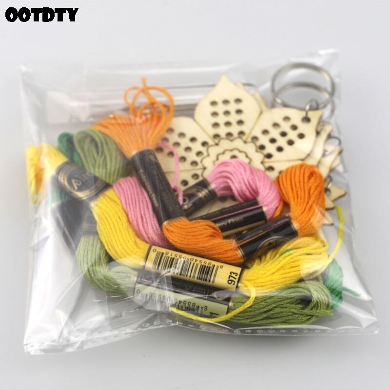 Llavero con bordado de girasol de punto de cruz de madera, anillo con hilo de lana, Kit DIY para manualidades, bolsa de ropa, decoración para niños y adultos