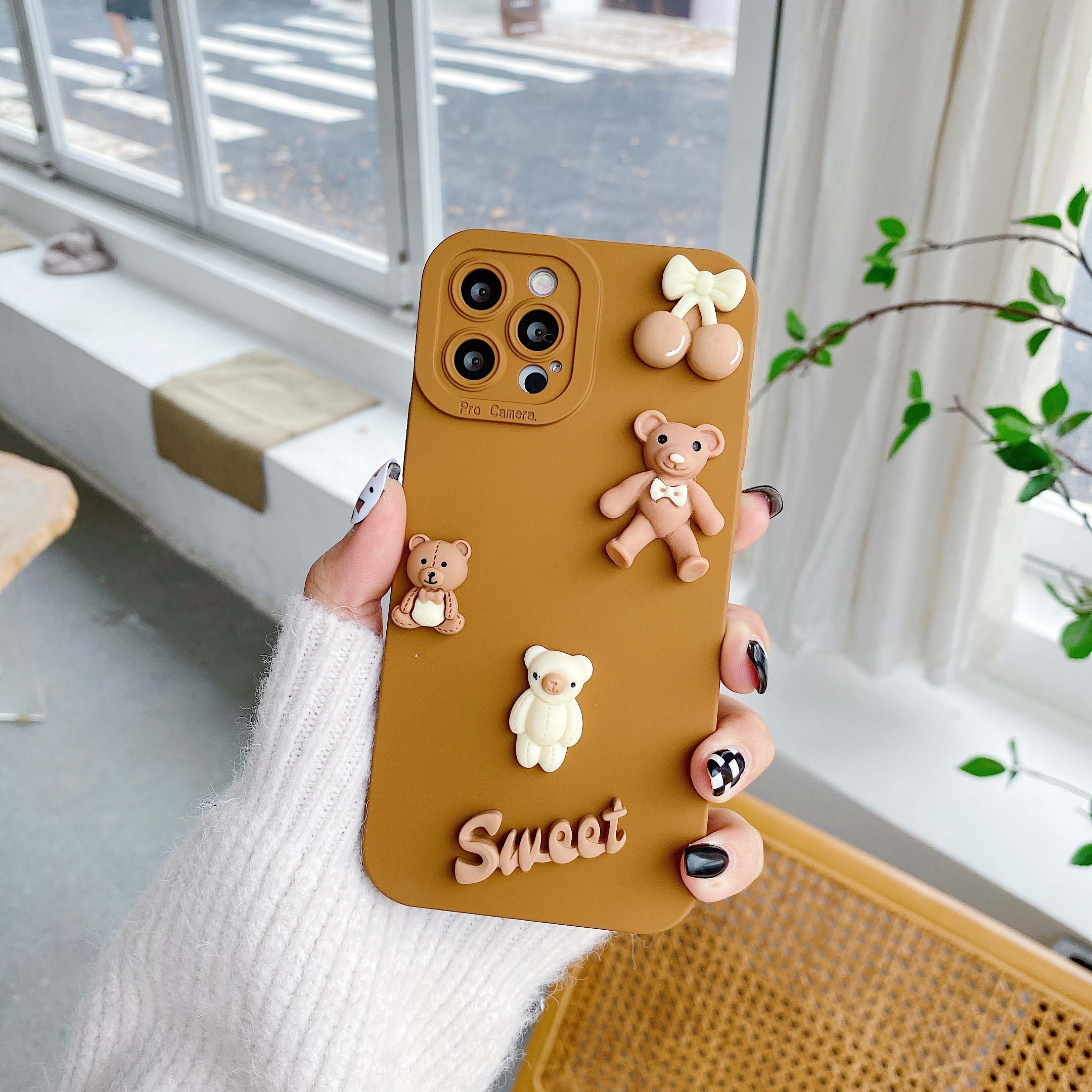 Fundas de teléfono con osos 3D para iPhone 11, 12, 13, 14, 15 Pro Max, funda trasera de silicona suave para iPhone X XR XS Max 7 8 6 6s Plus Se: Microfibra / Negro