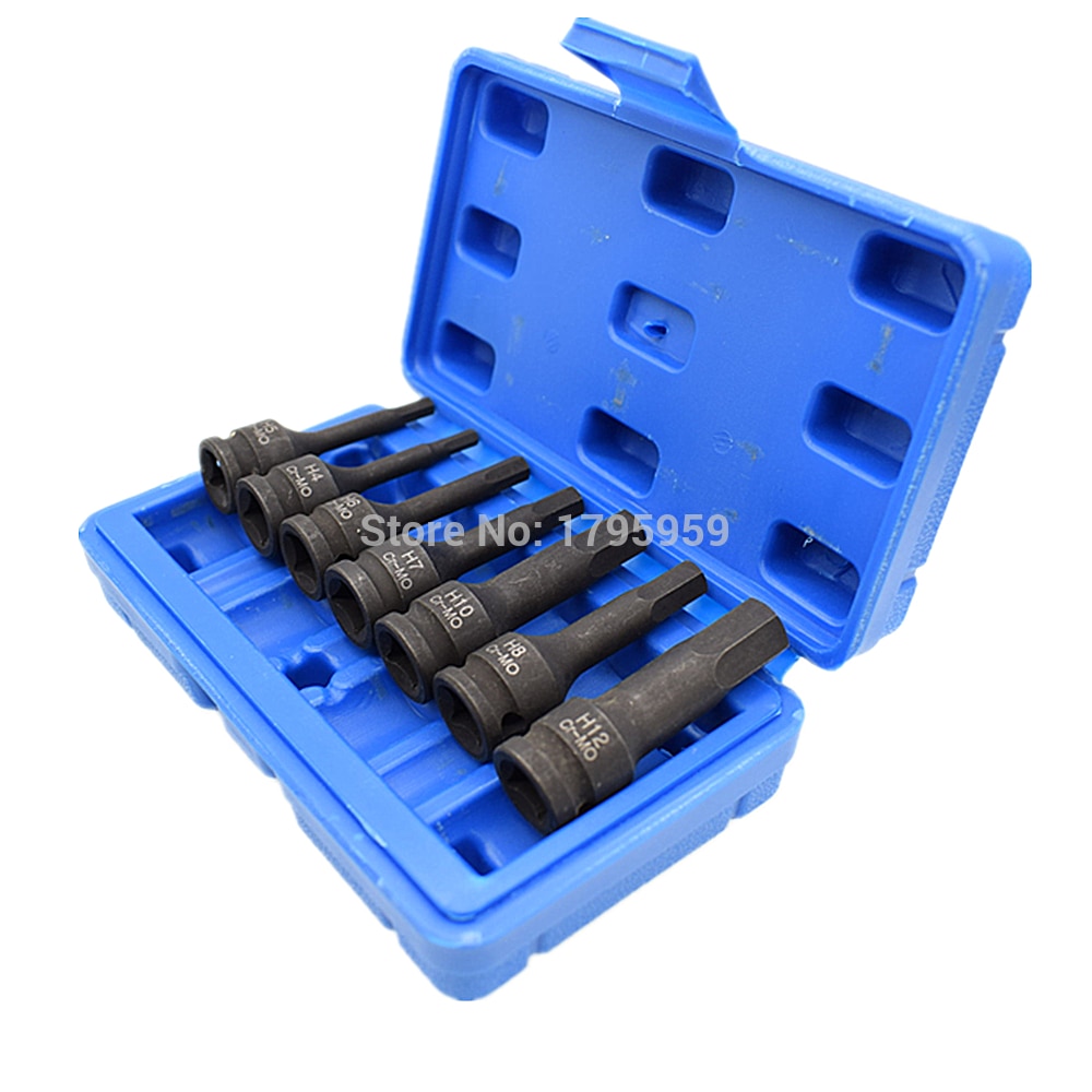 7 Piece Hex Key Socket Set 3/8" Square Drive Impact Socket H4 H5 H6 H7 H8 H10 H12 (4mm-12mm) Cr-Mo Metric Allen Bit 60mm Long