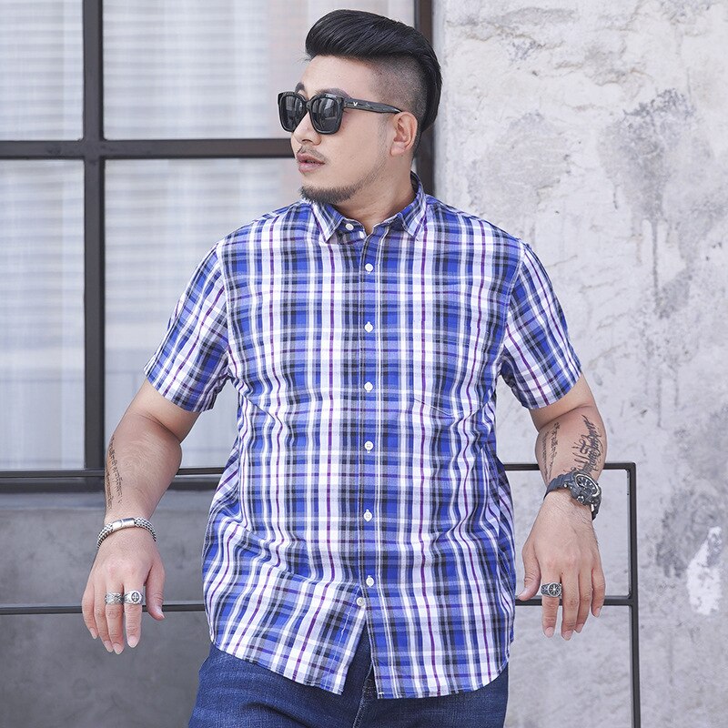 Super Large Men Thin Cotton Plaid Short Sleeve Summer Loose Turn-down Collar Casual Shirts Plus Size 2XL-7XL 8XL 9XL