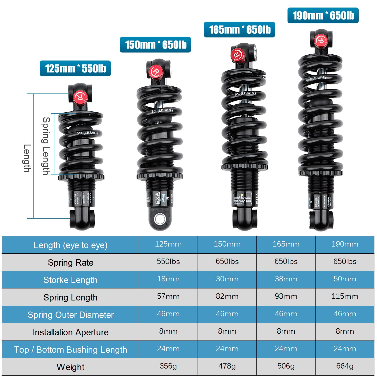 EXA Form Oil Pressure Spring Shock Damper Adjustable Suspension Spring Rebound Damping Shock Absorber 125/150/165/190mm