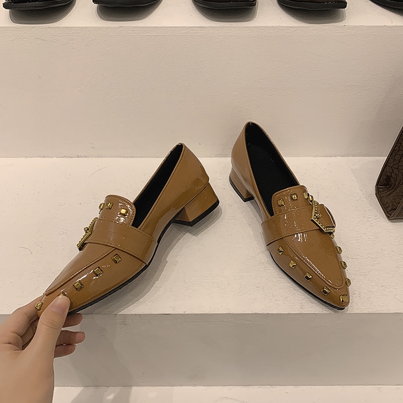 Eooodoit bombas de couro feminino sapatos med calcanhar apontou toe saltos primavera outono moda rasa bombas