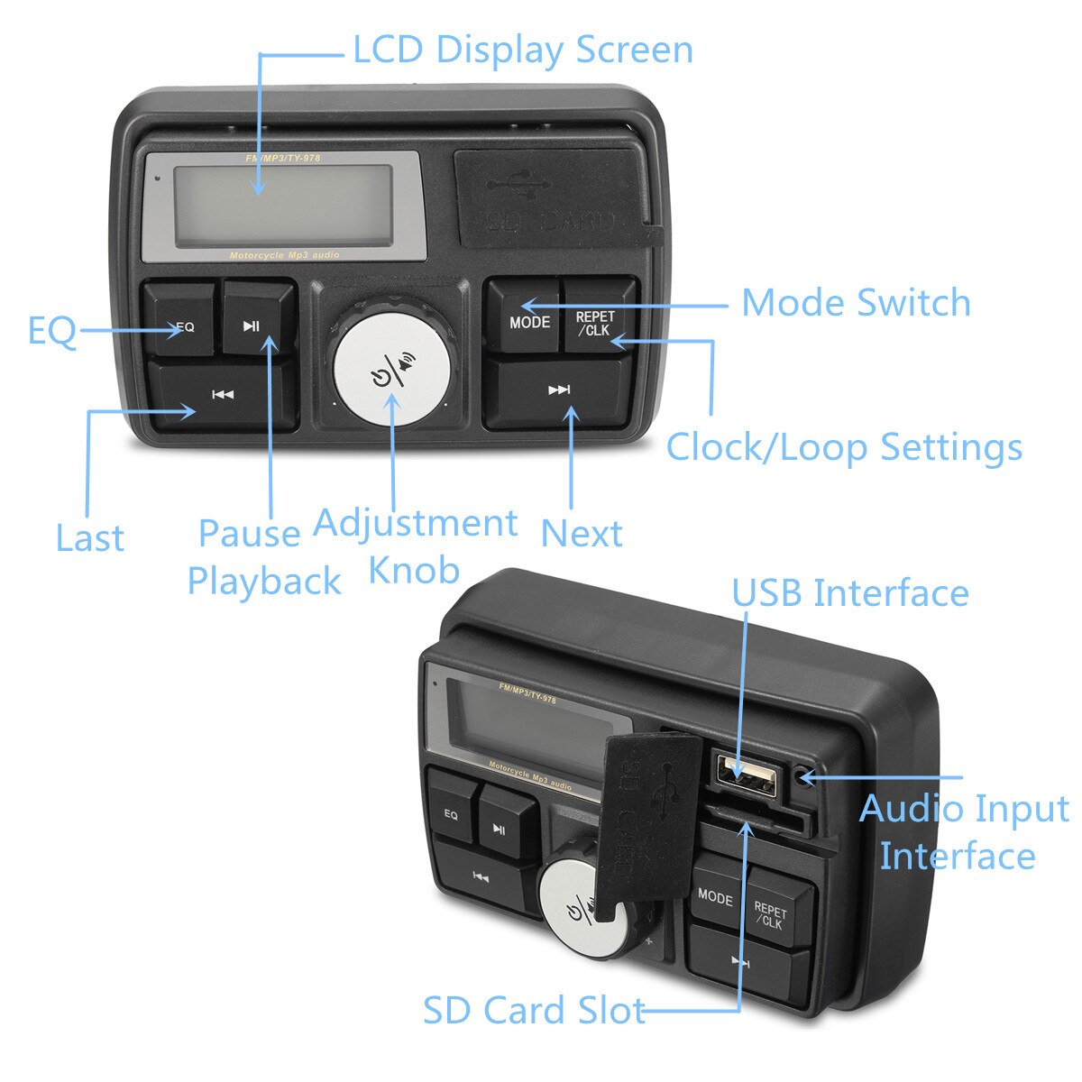 Autoleader motorcykel ljud  mp3 radio ljudsystem stereohögtalare bluetooth vattentät  fm 5 eq funktioner lcd display usb/sd/tf