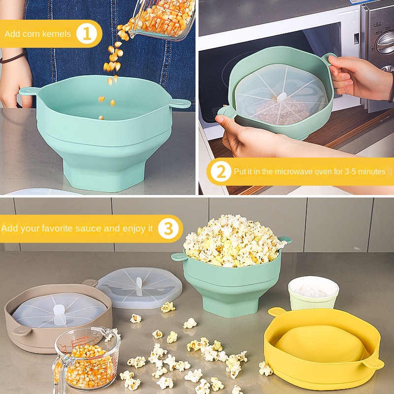 Cuenco de silicona para palomitas de maíz para microondas, cubo plegable para hacer palomitas de maíz con tapa, herramientas de cocina para palomitas de maíz plegables de gran capacidad