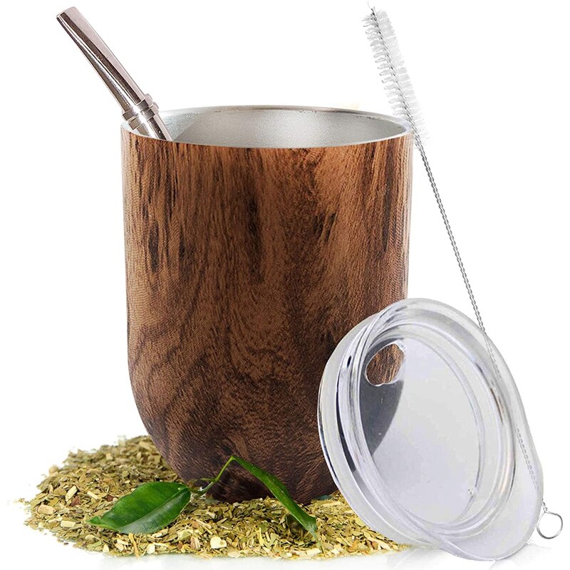 Yerba Mate Kalebas Thee Cup Set 12Oz, dubbele Wand Roestvrij Koffie Water Cup Met Deksel 1 Bombillas Rietjes Filter Lepel &amp; Borstel
