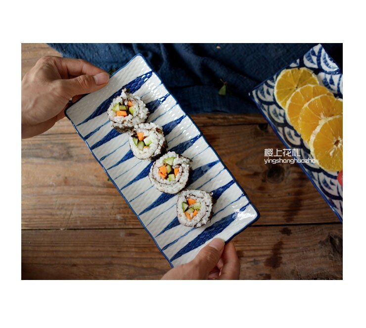 Japanese Style Sushi Plate Ceramic Tableware Rectangular Plate Hand-painted Korean Sushi Dumplings