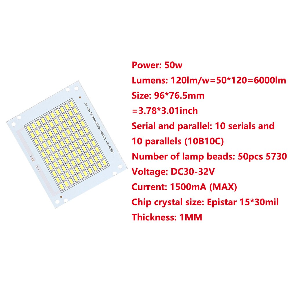 Projecteur LED à large faisceau, 50W, DC30-32V Epistar PCB SMD, 5730, blanc, 6000K, puces, plaque de ressources, bricolage