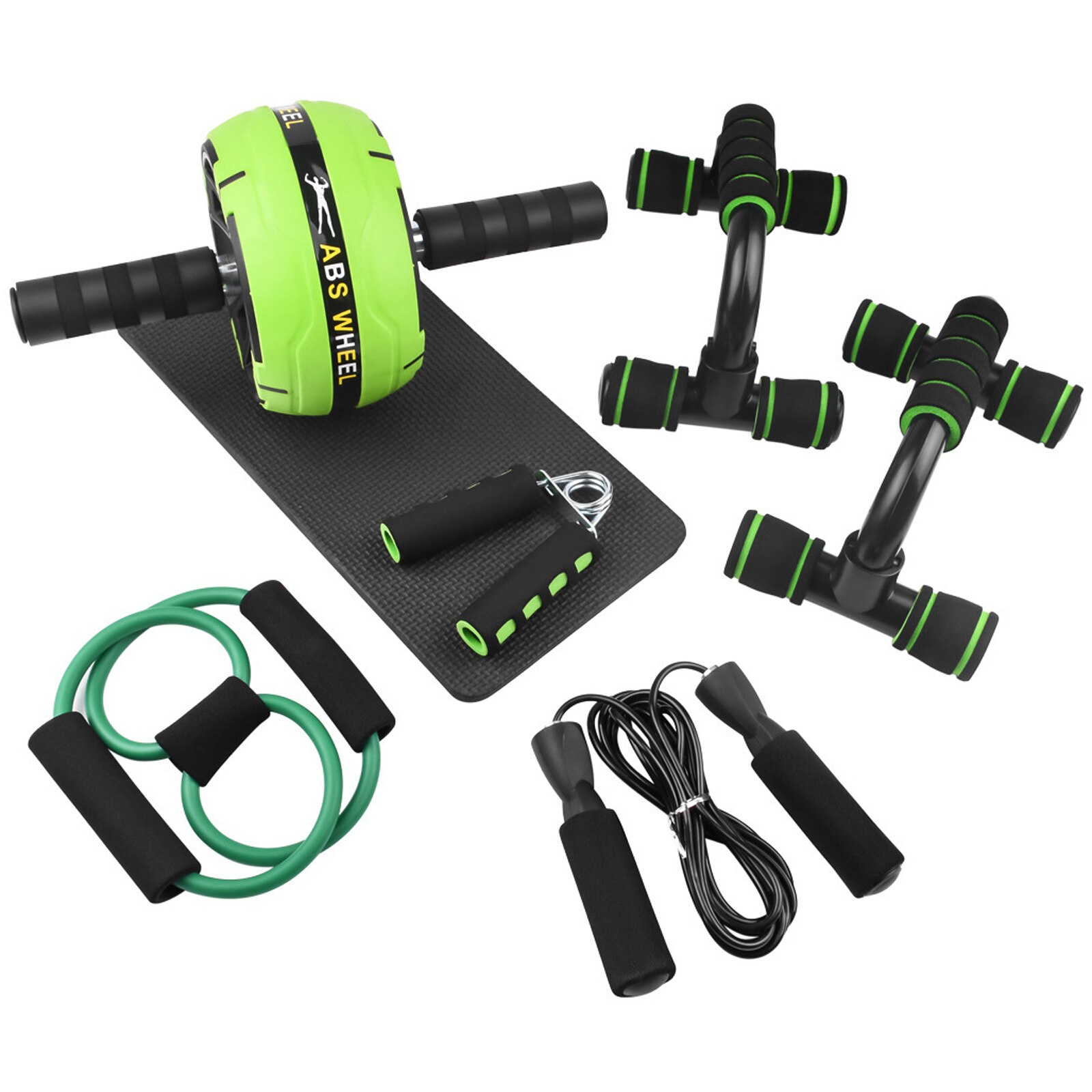 AB Wheel Roller Kit Abdominal Wheel Set with Push-Up Bar Jump Rope Hand Gripper and Knee Pad Home Gym Workout Equipment