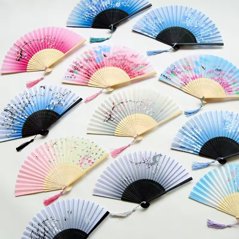 Abanico plegable de mano de seda con estampado de estilo japonés chino tradicional, borla de mango de madera, de boda , decoración del hogar