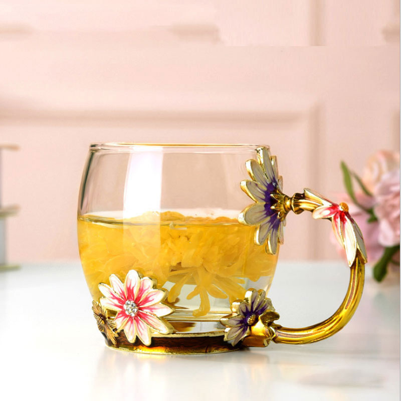 Varmebestandigt krystalglas krus, emalje glas krus, blomst te sæt kaffekop, vand mælk kaffe drinkware til: Sort