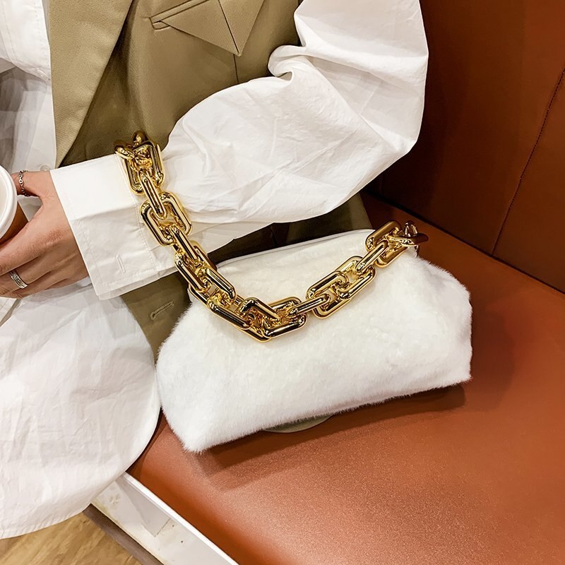 Torebka damska na ramię luksusowa torebka i torebki torebki damskie z futra zimowego dla kobiet 2020 złoty gruby łańcuch sprzęgło ręczne mała torebka damska