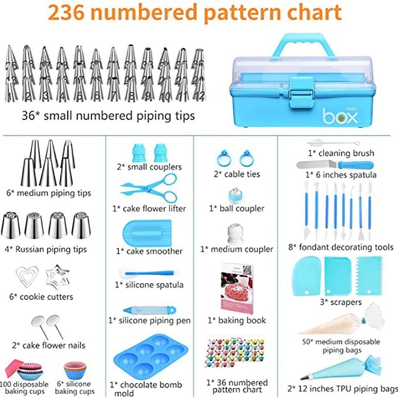 236pcs Cake Decorating Tools Piping Bags and Tips Set Baking with Multi-Purpose 3-Layer Toolbox Baking Set Cake Decorating Tool