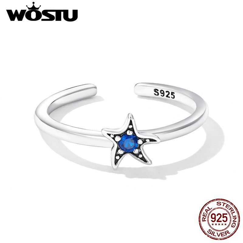 WOSTU 925 Sterling Splitter Ozean Seestern Einstellbare Ringe Dunkelblau Zirkon Finger Offenen Ring Für Weibliche Original Schmuck CQR818