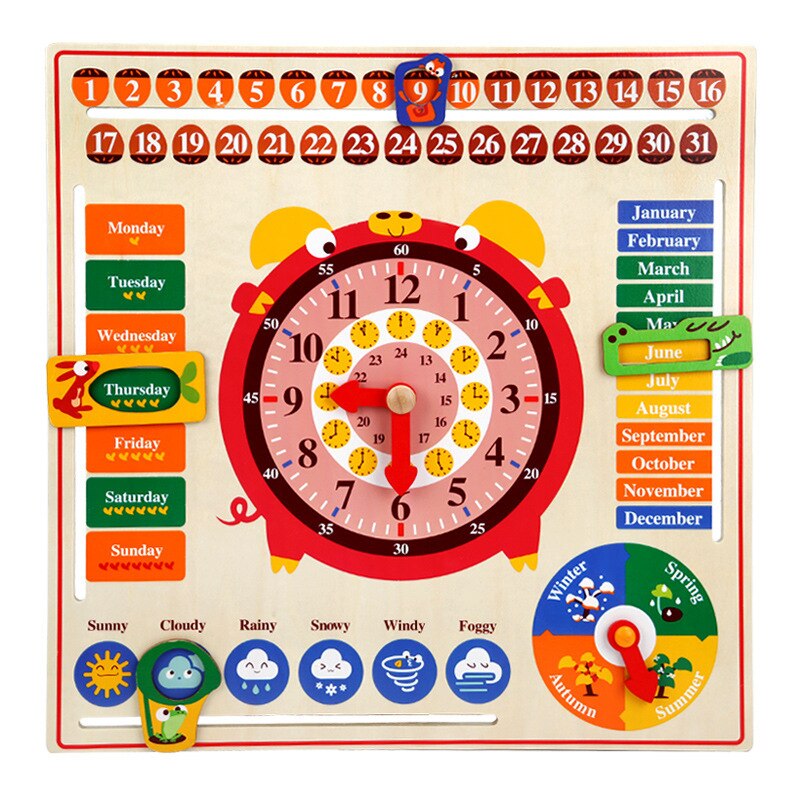 Wooden Multifunctional Calendar Clock Children&#39;s English Early Childhood Education Puzzle Hanging Board: 1