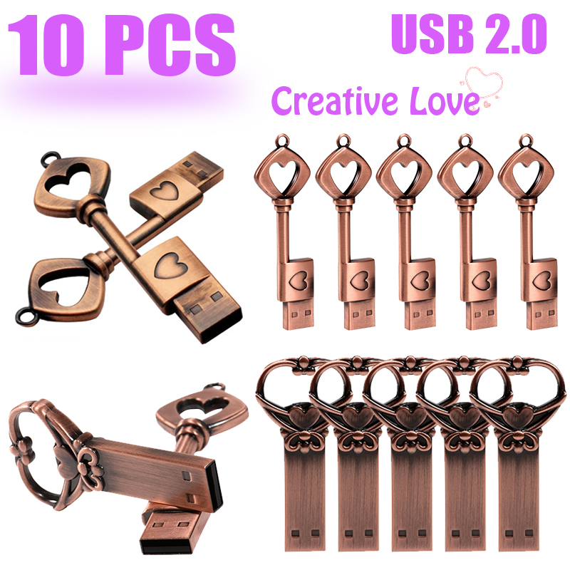 10 PCS LOT Pen Drive 128GB Love Shape Key Memoria USB 64GB Retro Style USB Flash Drive 32GB Mini Memory Stick 16GB