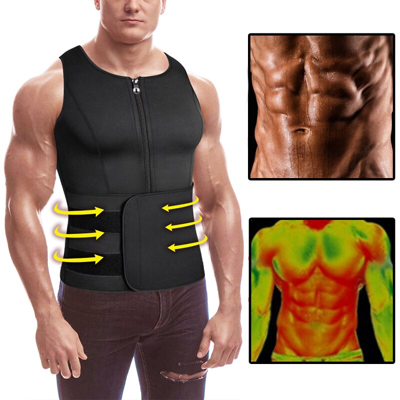 Neoprenowy męski czopiarki Sweat, kamizelka dla mężczyzn gorset Waist Trainer Vest regulowane urządzenie do modelowania sylwetki treningu z podwójny zamek błyskawiczny na kombinezon do sauny