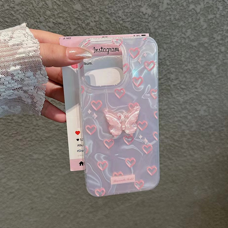 Para iPhone 15 Pro 16 Plus 14 Pro Max 13 12 11 X XS XR 7 8 SE romántico corazón rosa mariposa brillo forro duro alta funda de teléfono: Poliéster / Negro