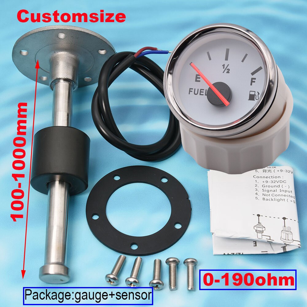 0-190ohm Oil Liquid Tank Fuel Sending Unit with Fuel Level Gauge Red Backlight Pointer 52MM Gauge Fuel Level Sensor Indicator