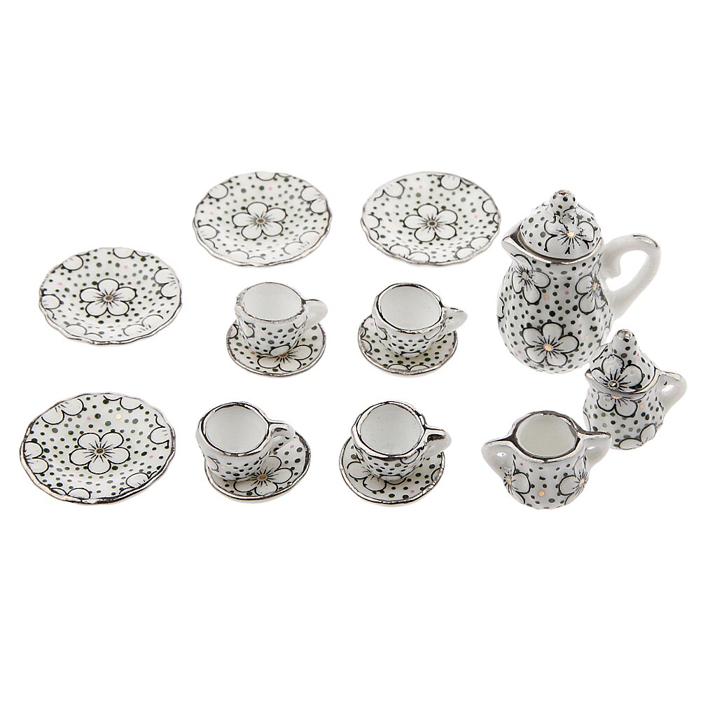 17 Pcs Porselein Miniatuur Koffie Thee Kopjes Schotels Set Poppenhuis Accessoires