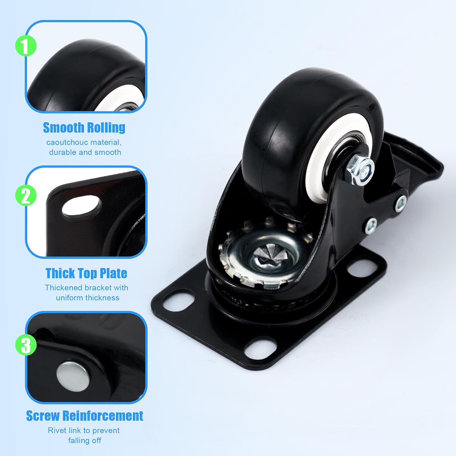 Ruedas de goma resistentes Rodillos de ruedas para muebles Ruedas giratorias 360 ° Rueda giratoria industrial con freno 1,5/2 pulgadas