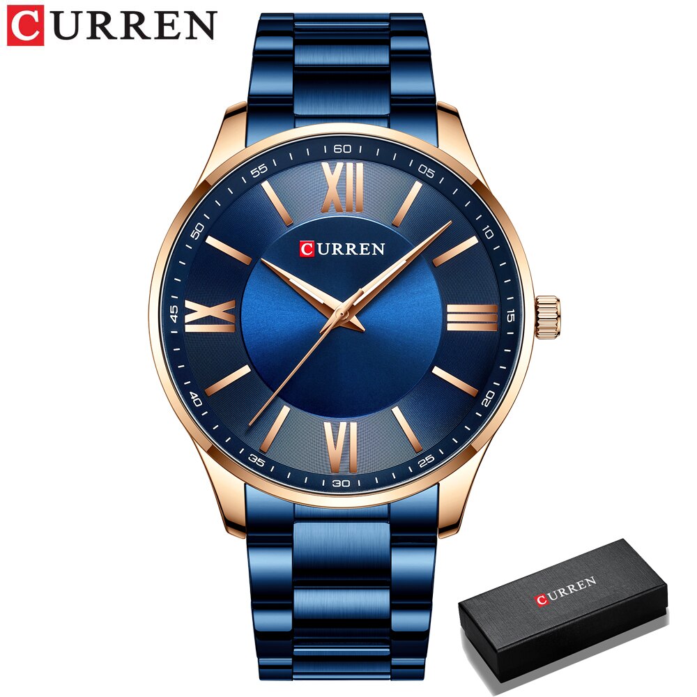 Curren roestvrijstalen herenhorloges, eenvoudig en klassiek quartz zakelijk horloge, dun horloge voor heren: Blauwe doos