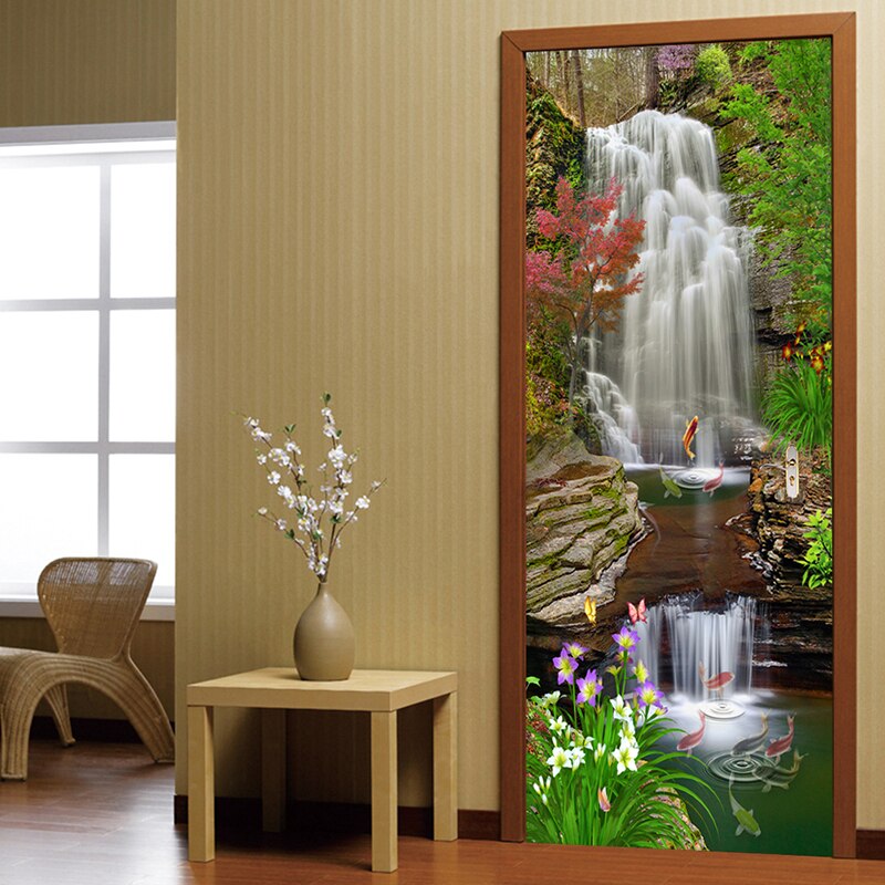 Lindo papel de parede 3d com cascata e paisagem, adesivo de porta para sala de estar, cozinha, à prova d'água, mural 3d, decoração de casa, decalque de porta