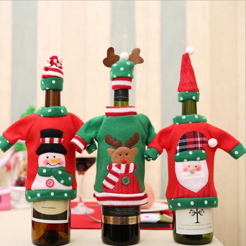 Xmas Fairy 2Pcs Wijnfles Covers Santa Sneeuwpoppen Elanden Tafel Decor Fles Cap Party Christmas Home Decor