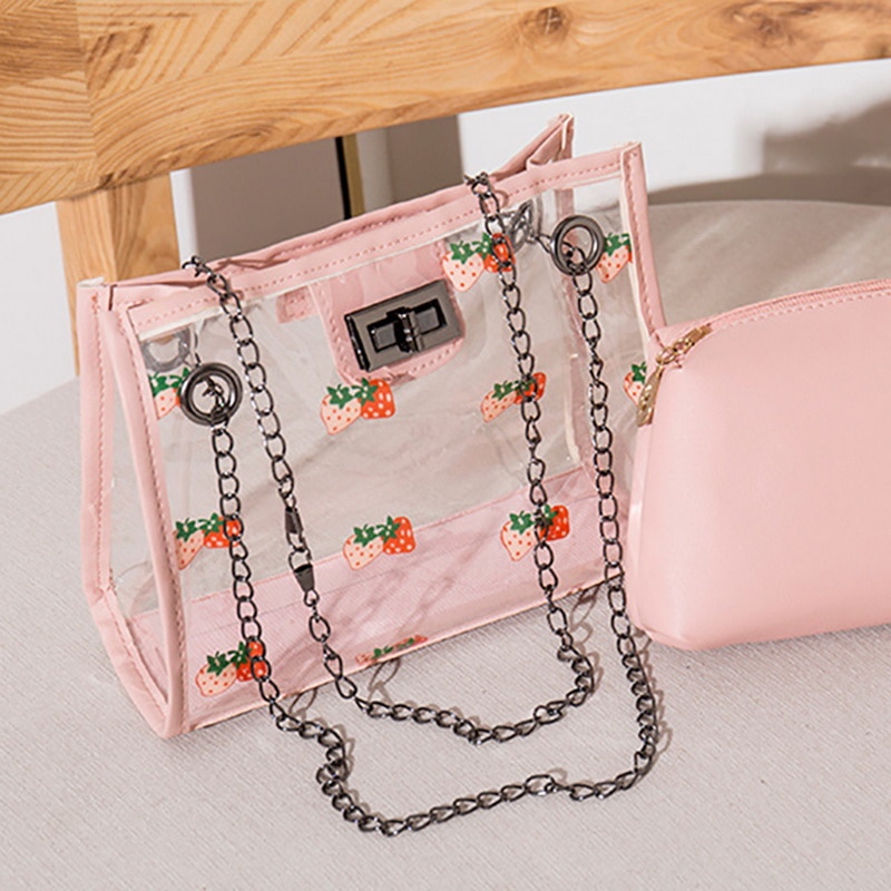 2 stuks/set transparante pvc schoudertassen dames schattige aardbeienprint clutch tas reis crossbody tas samengestelde set