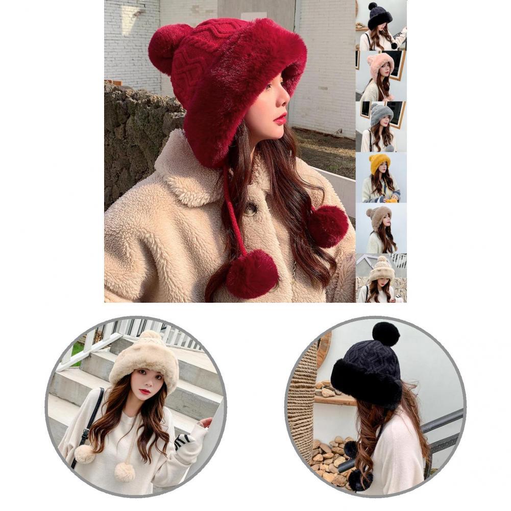 Lady Simple Cute Knitting Cap Female Women Cap Three Plush Balls for Dating