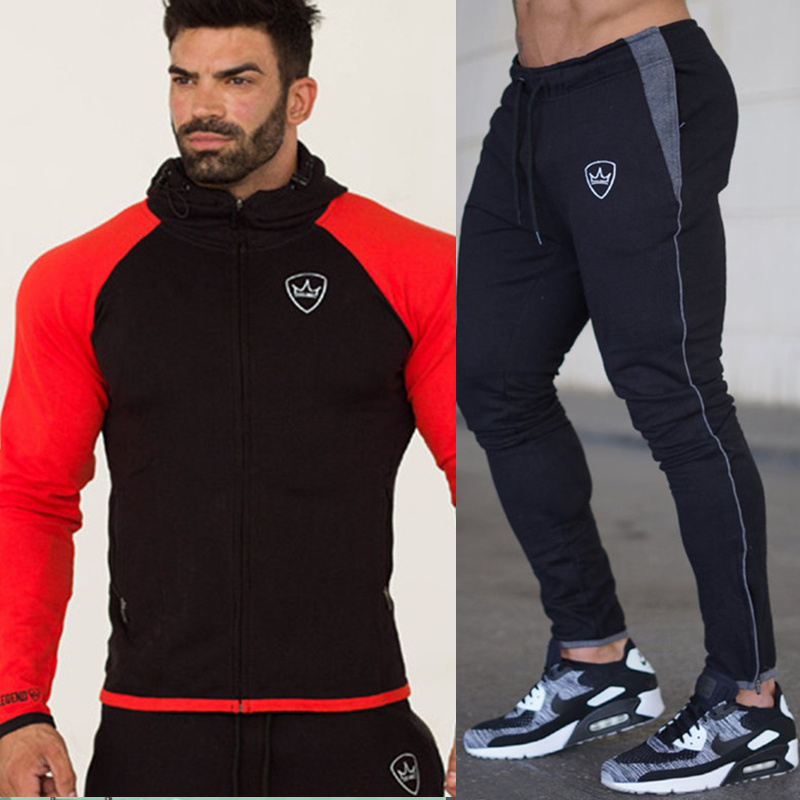 Homens correndo ternos do esporte moletom/sweatpants ginásio treinamento de fitness casaco hoodies calças define masculino jogging esportes agasalho: Black Red / L