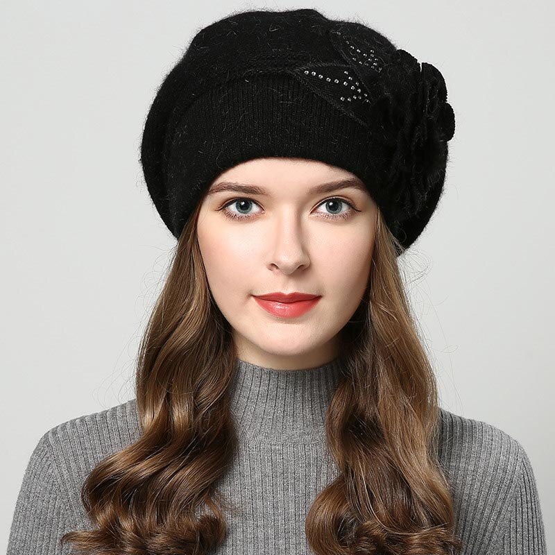 Brand Female Beret Wool Knitting Cap Hat Autumn Winter Floral Women Berets: Black