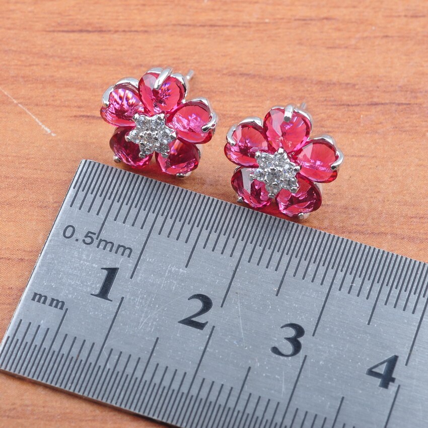 Zilver Kleur Sieraden Set Best Rode Zirconia Bloem Voor Vrouwen Oorbellen Ketting Hanger Ringen Armband Set JS0542