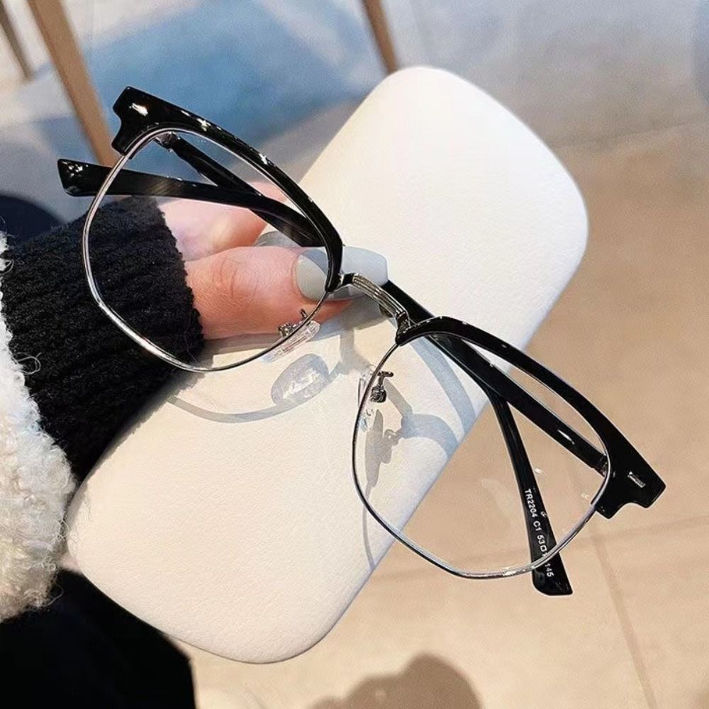 Retro Metal Half Frame Anti-Blue Light Glasses Eye Protection Plastics Flat Mirror Spectacles Half Frame Glasses for Women Men