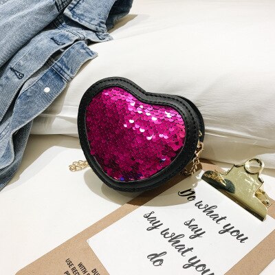 Europe Cute Girls Sequins Coin Purses Heart-shaped Princess Mini Glitter Paillette Bag Kids Chain Messenger Bag Wallets: Rose Red