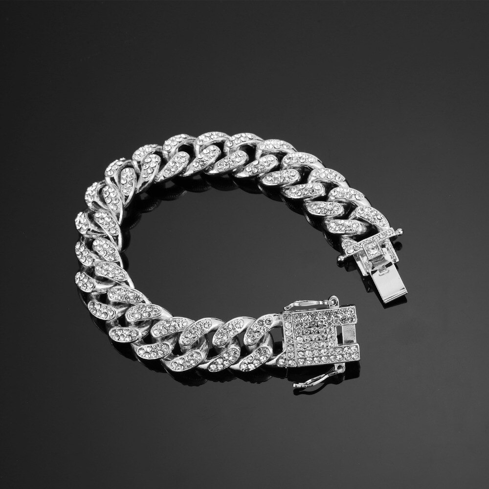 Hip hop-pulsera con diamantes de imitación para hombre, brazalete de 20cm de largo con eslabones cubanos de Miami, joyería