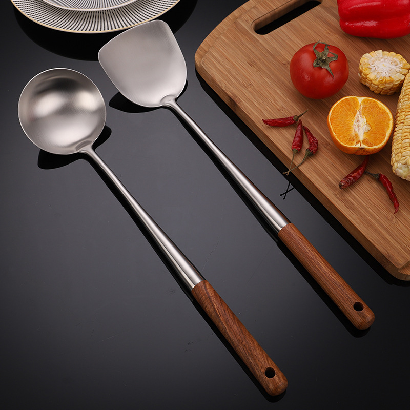 304 Stainless Steel Spatula Spoon With Wooden Handle Lengthened Cooking Spoon Anti-Scalding Cooking Shovel Kitchenware