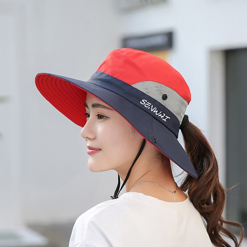 Hiking Caps Bucket Hat Wide Brim Quick Drying Breathable Foldable Sunshade Sun Ponytail Cap With Chin Strap