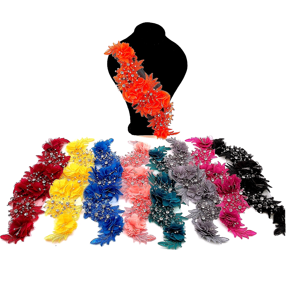 10 Color Beaded Sequins 3D Decals Mirror Flower Lace Fabric Evening Dress Front Chest Back Applique Patch Decoration