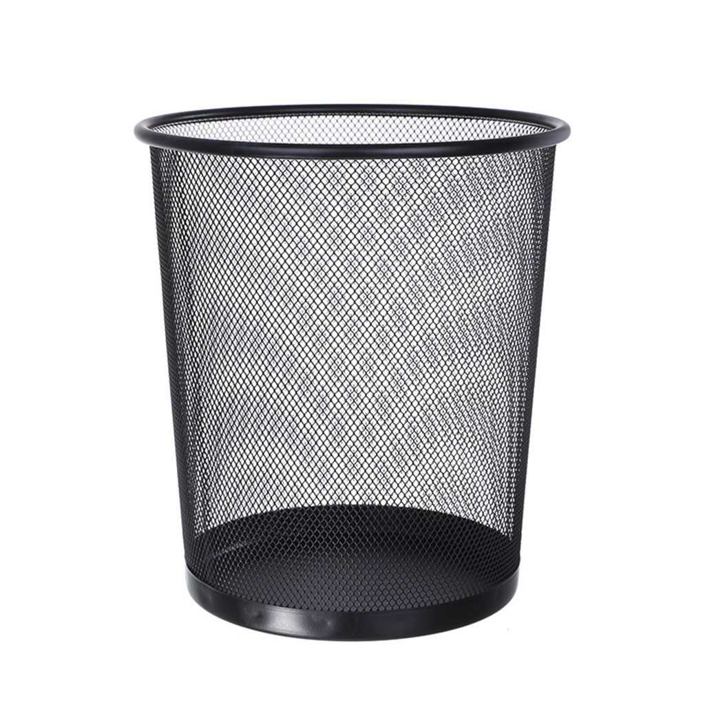 Metal Mesh Round Trash Can Wrought Iron Kitchen Without Lid Bucket Paper Basket Bedroom Office Rubbish Organizer Waste Bins: Black