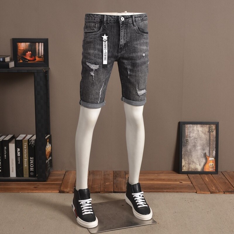 Gescheurde denim shorts casual zomerjeans donkergrijze rechte normale knielengte jeans: 29