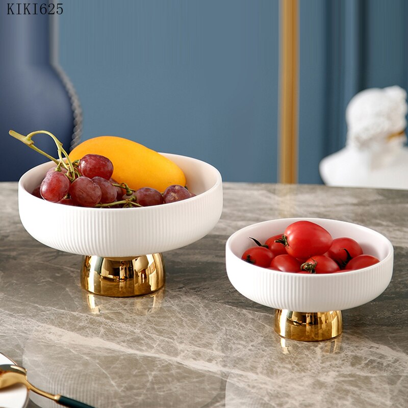 Luxury Ceramic Tall Fruit Snack Tray High-end White Vertical Pattern Candy Jewelry Cosmetics Storage Tray with Golden Base For